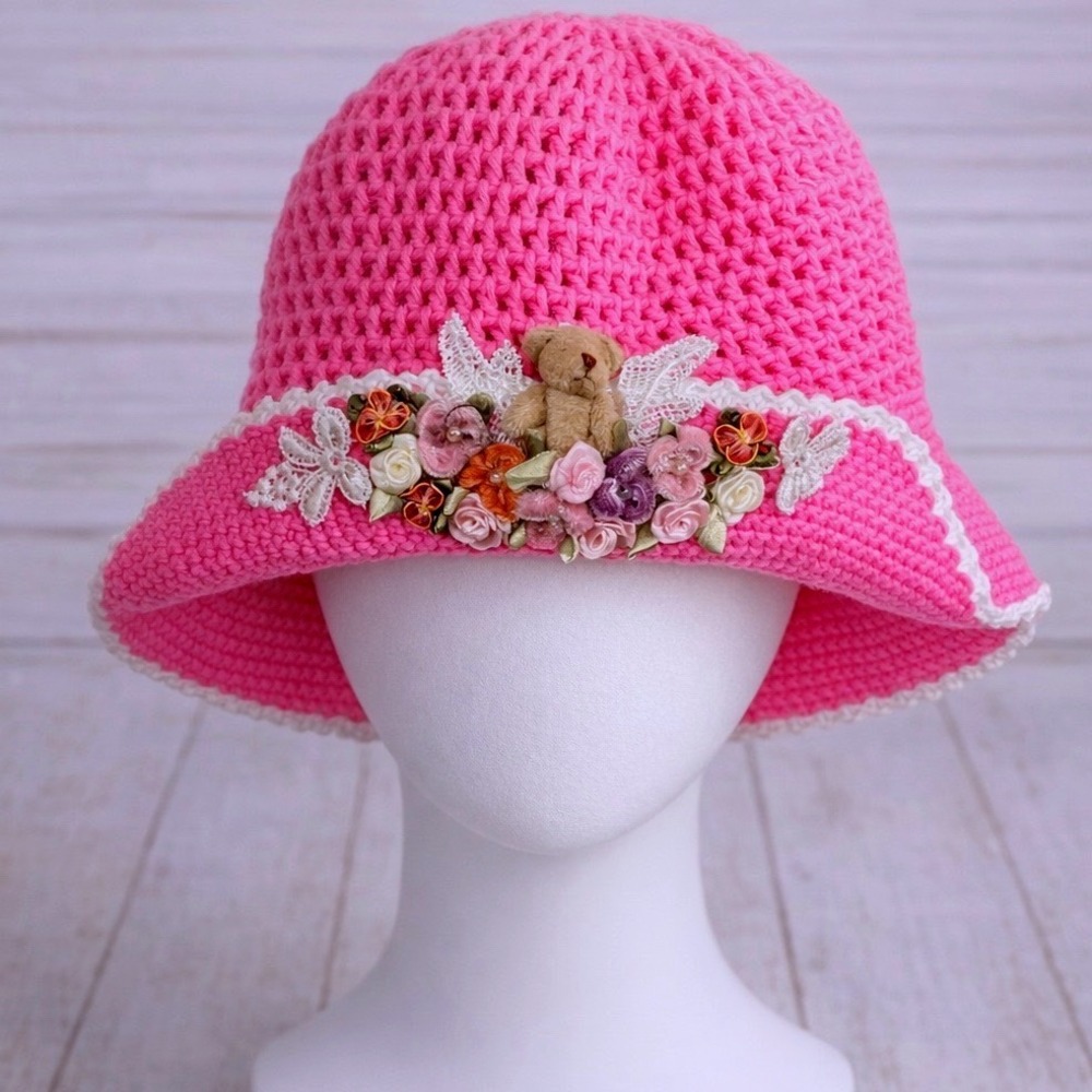 Hand & Heart Pink Crochet Baby Hat Floral Teddy Bucket Cotton See Measurements